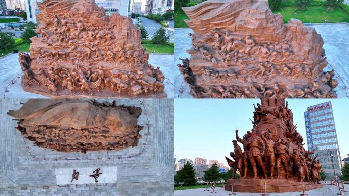 航拍山西太原五一广场力量雕塑