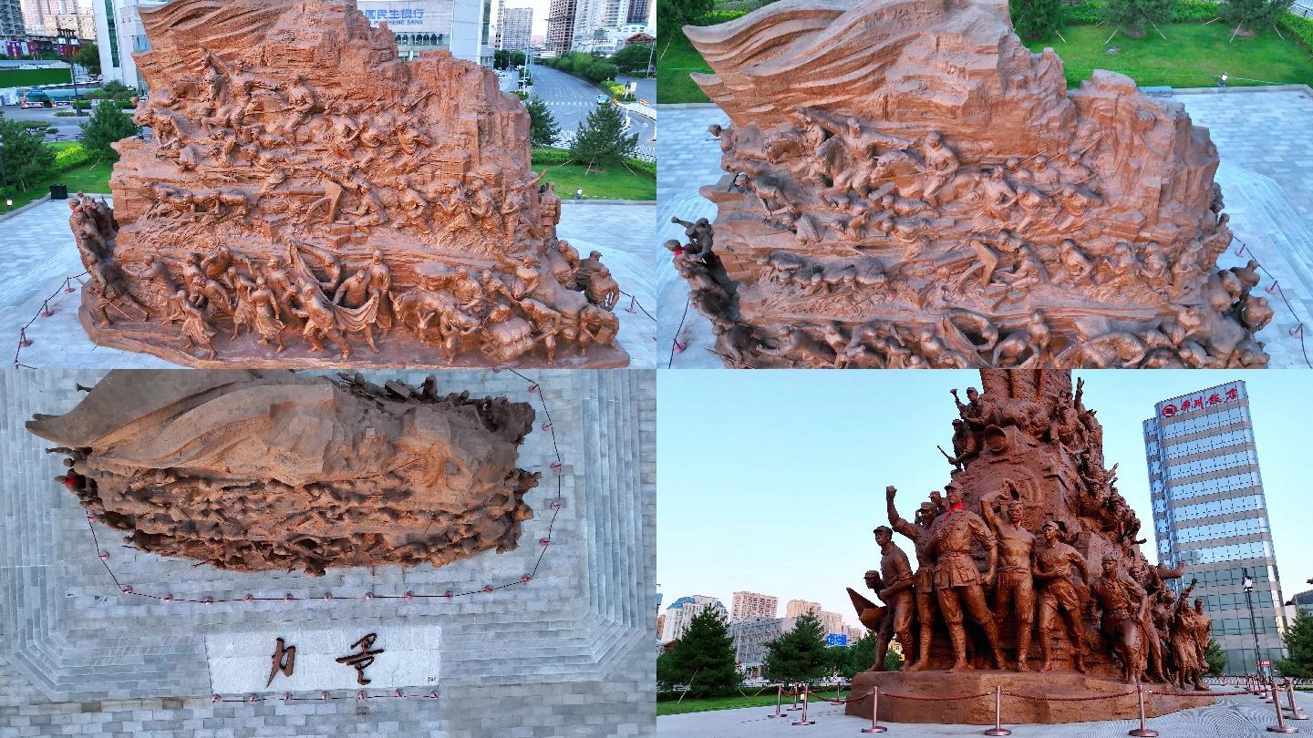 航拍山西太原五一广场力量雕塑