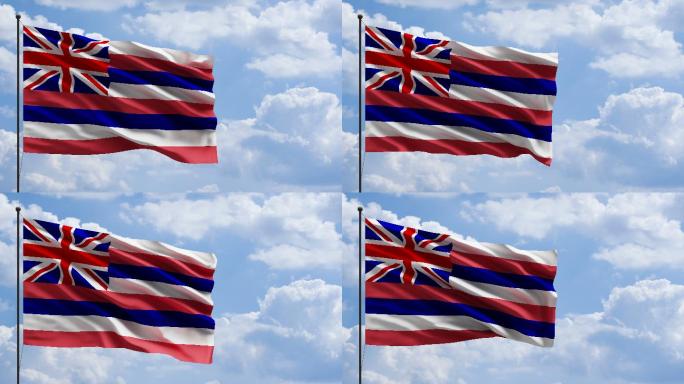 4k美国夏威夷国旗在桅杆上迎风飘扬的概念