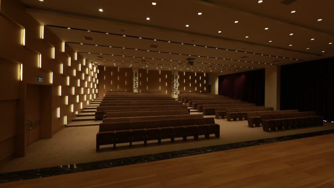 在空荡荡的会议大厅里，灯光打开/关闭，有一排排观众和观众的座位。