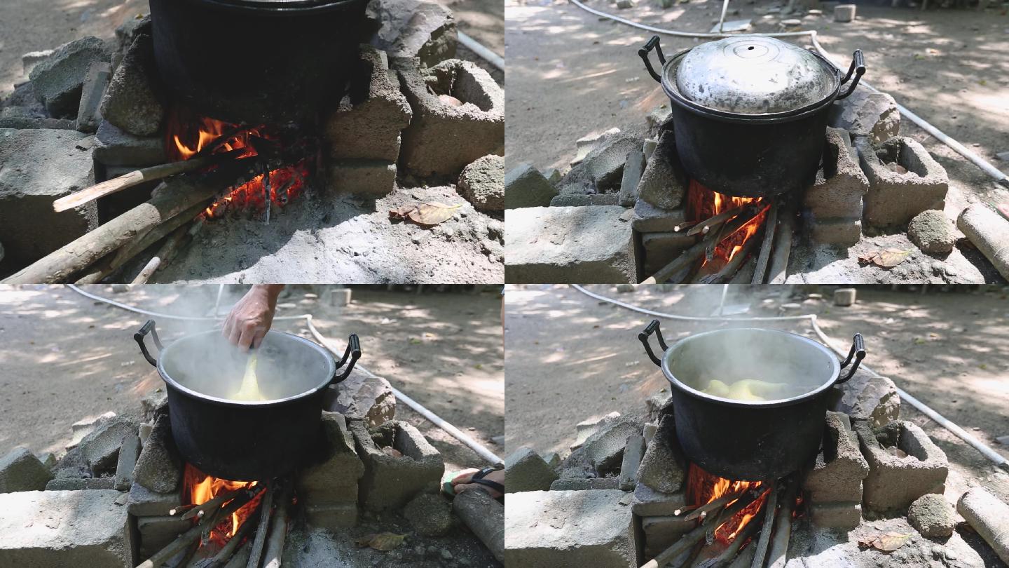 深山野外户外烧柴火做饭美食野炊煮鸡白斩鸡