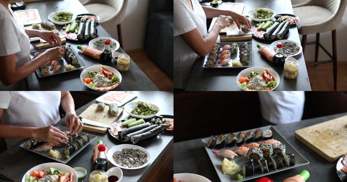 盘子里有传统的由内而外的寿司卷和尼吉里卷