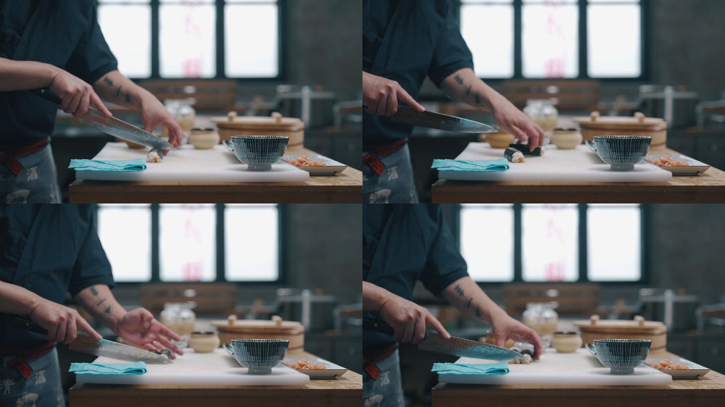 日本厨师在日本餐厅切寿司卷的侧视图