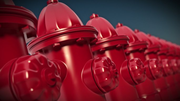 一排红色消防栓。可循环CG。