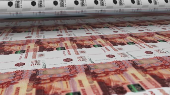 俄罗斯，俄罗斯卢布印刷机印刷当前5000卢布钞票，无缝循环，俄罗斯货币背景，4K，焦点深度