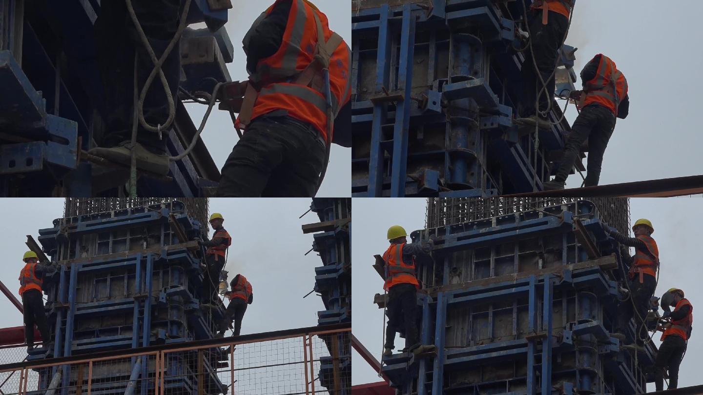 工地工人高空作业电焊工城市建筑工人剪影