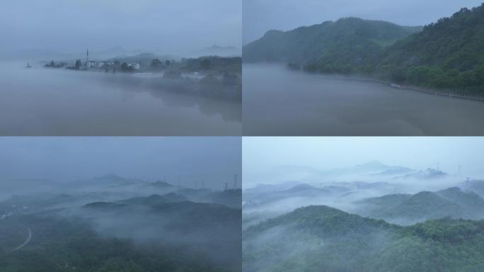 【4k可商用】航拍云雾缭绕的山脉河流村庄