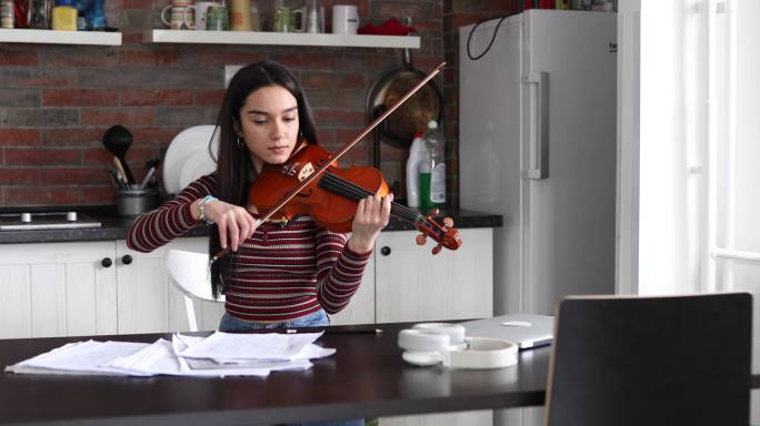这位年轻的艺术家坐在厨房练习小提琴技巧。
