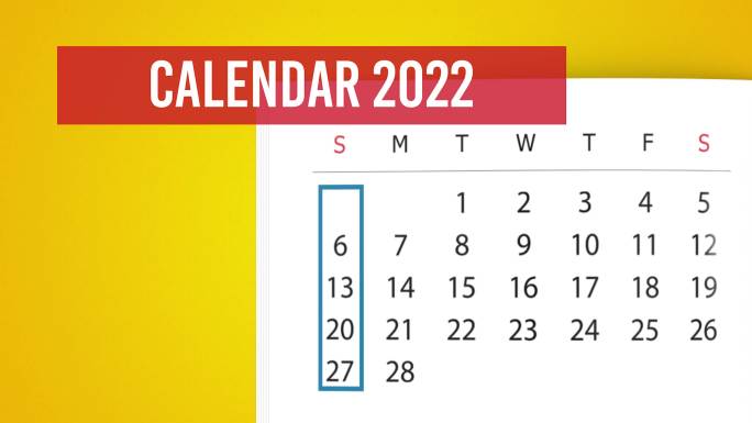 2022年2月日历翻页动画，黄色背景，4K分辨率