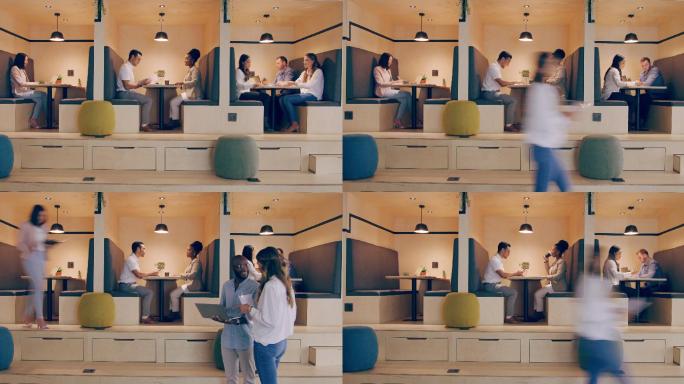 商务人士在现代办公室食堂开会的4k视频片段