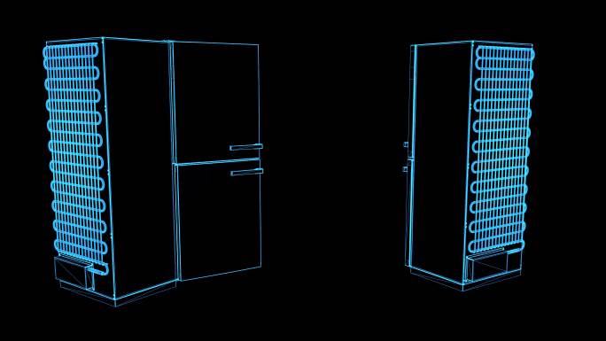 4K蓝色全息线框科技冰箱素材动画带通道