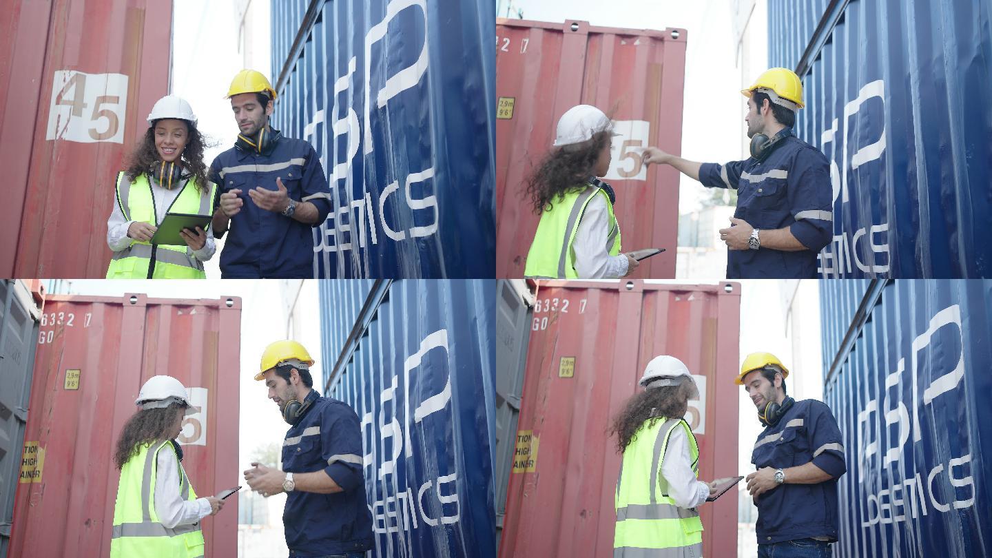 中东商人和客户在集装箱堆场检查货运。4k镜头。