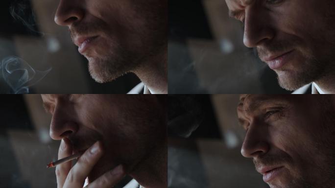 一个吸烟的男人吸了一口烟，吐出一团烟的肖像