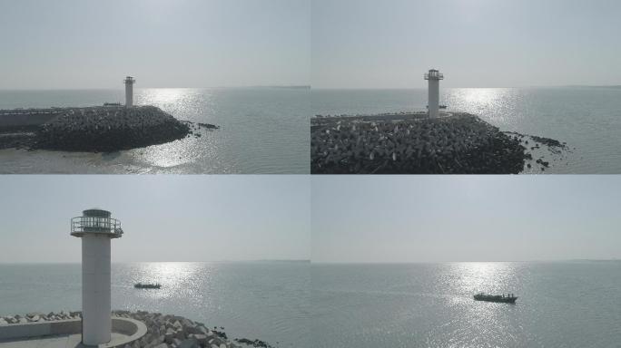 海边灯塔和夕阳，江苏连云港