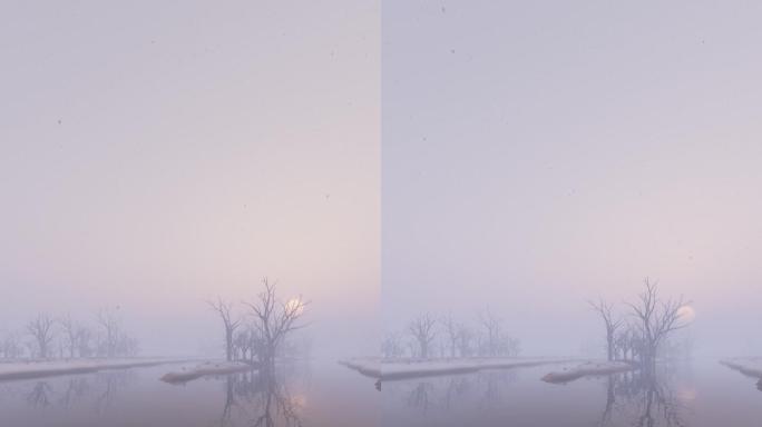 雪湖上的日落竖版下雪雾霾