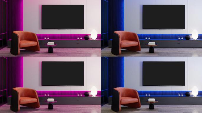 RGB灯蓝色至粉色开-关环路-电视室现代简约室内，配备8K电视