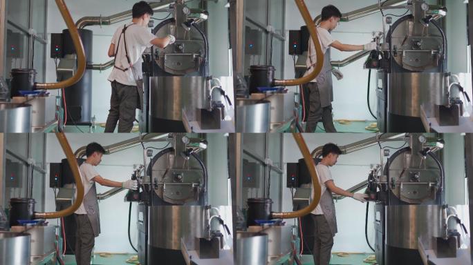 亚裔中国工匠微笑着拿着提尔从咖啡烤箱中提取咖啡豆烘焙生咖啡豆闻起来检查烘焙进度