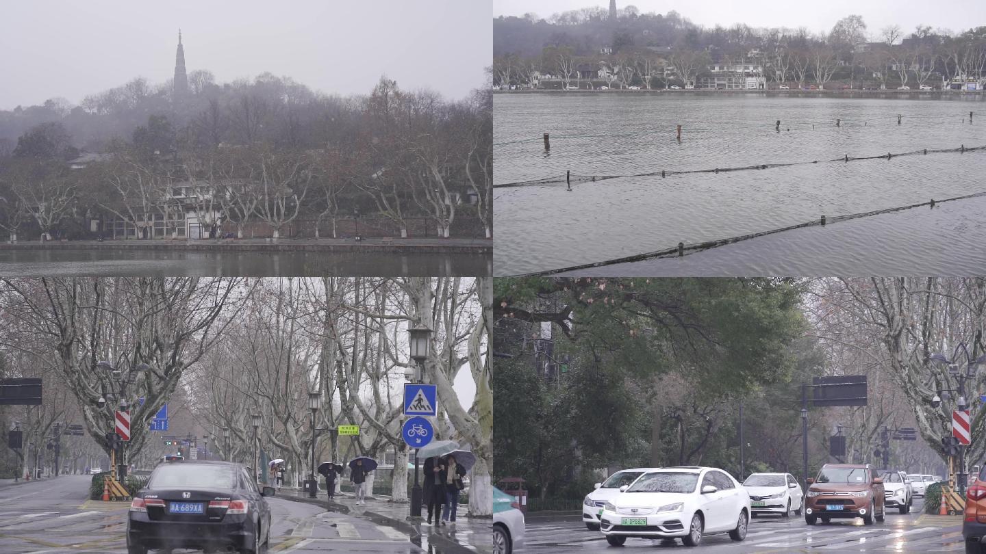 2022年初春西湖边断桥雨夹雪长