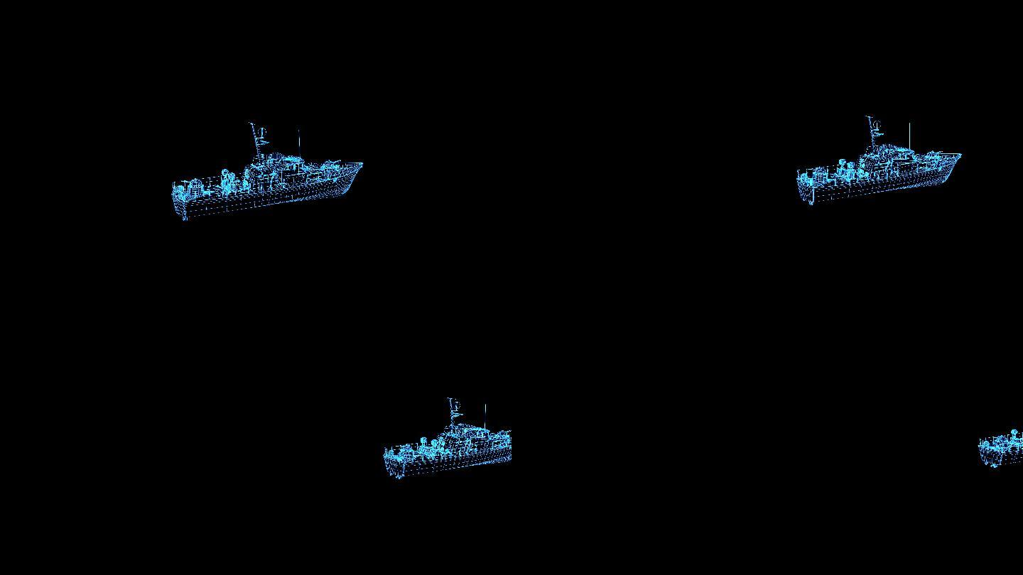 4K蓝色线框全息科技军舰动画素材带通道