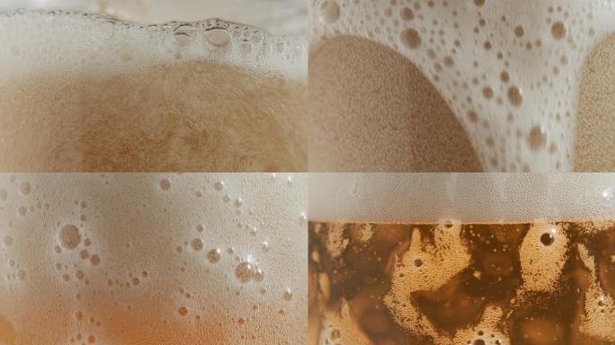 啤酒泡沫沿玻璃杯侧面向下流动的特写镜头