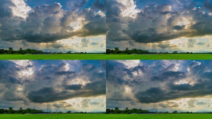农业领域和风暴云移动日落时间流逝。