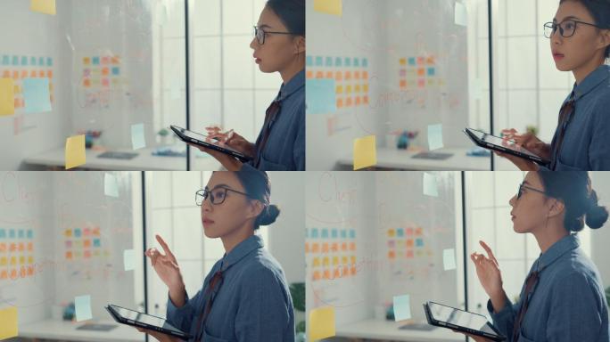 年轻的女商人使用平板电脑，在彩色的便笺上写字，在创意办公室开发商业项目。