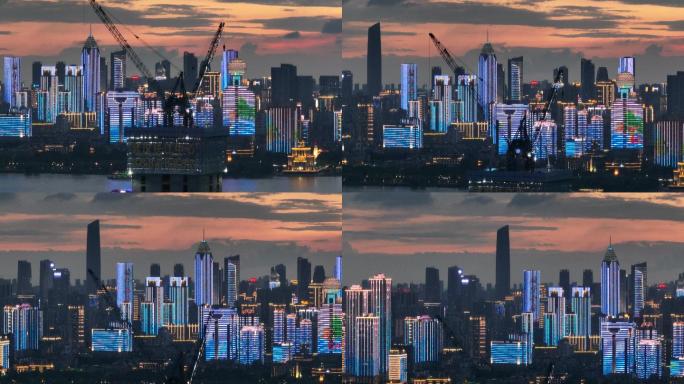 长焦航拍武汉汉口高楼夜景晚霞城市天际线