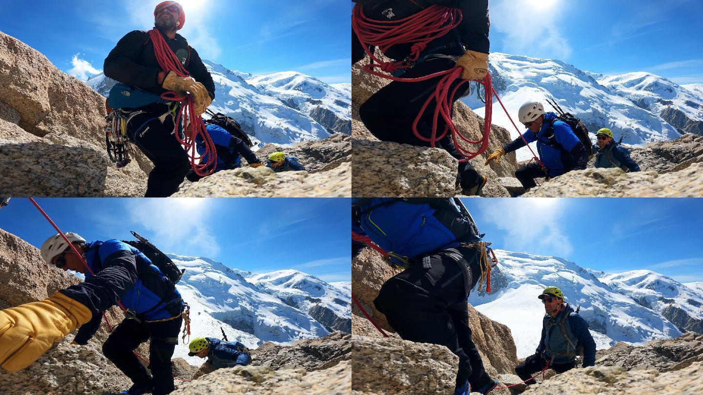 欧洲阿尔卑斯山的一支登山队。准备工作。设备详细信息特写