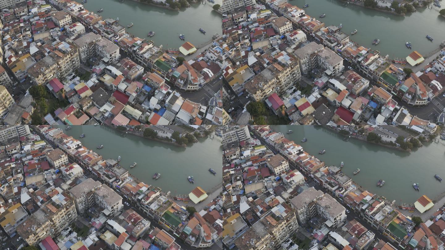 现代沿海城市建筑和城市主干道交通的航空影像