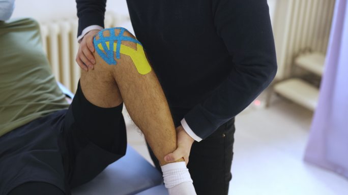 匿名物理治疗师在运动员膝盖上进行运动能力训练