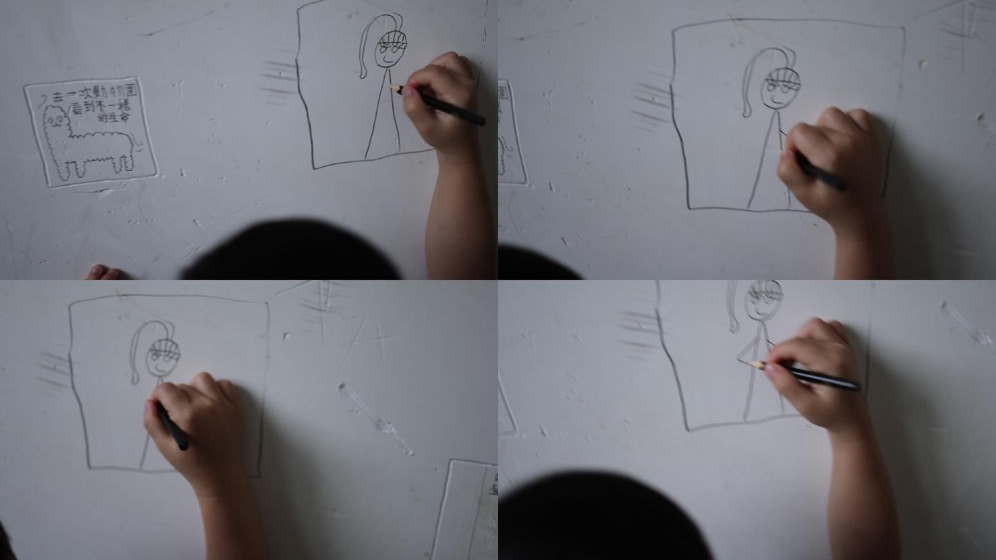 小孩涂鸦墙壁铅笔画手绘孩童女孩画画50帧