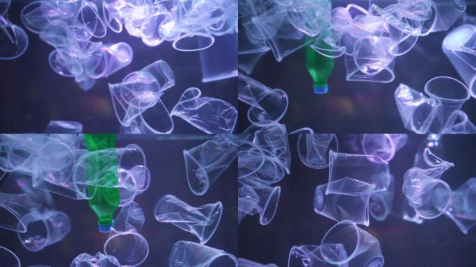许多五颜六色的塑料玻璃废料海蜇在黑海上成为塑料海洋的污染源
