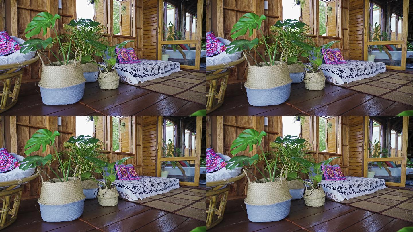 传统泰国日间床室内区域，带植物