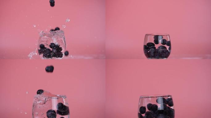 蓝莓落入水杯升格慢动作