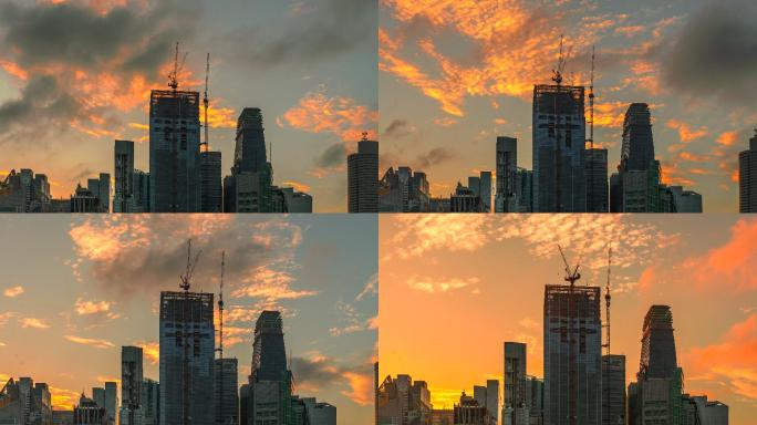 4k Timelapse电影移动云日出场景，新加坡建筑工地