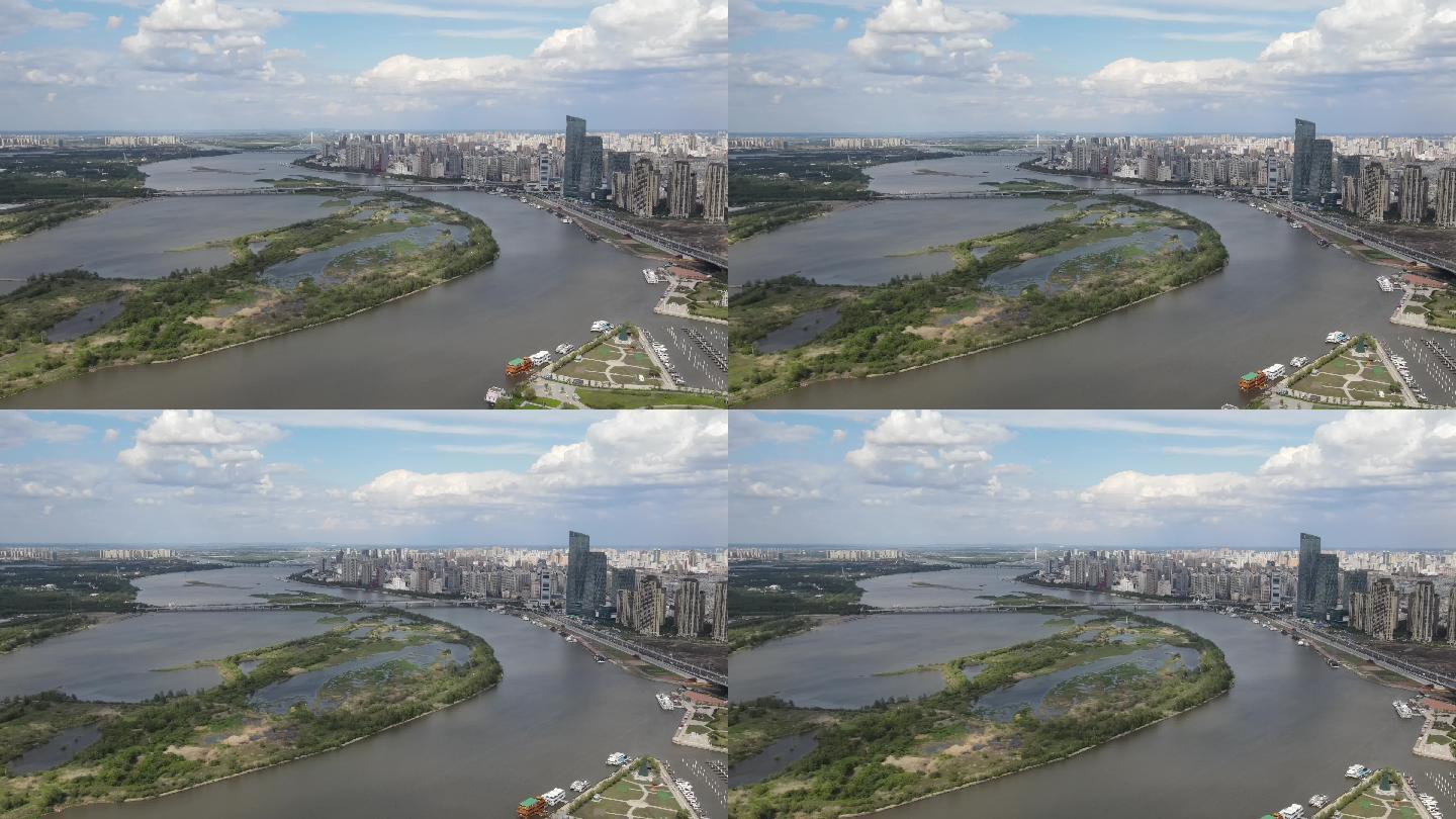 哈尔滨沿江楼群公路大桥湿地城市航拍4K