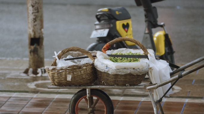 雨中推小车卖毛豆的小商贩
