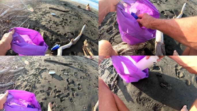 男子从海滩收集塑料垃圾