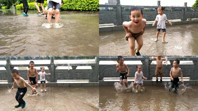 玩水跳水顽皮小孩闹小男孩雨中玩水站在雨水