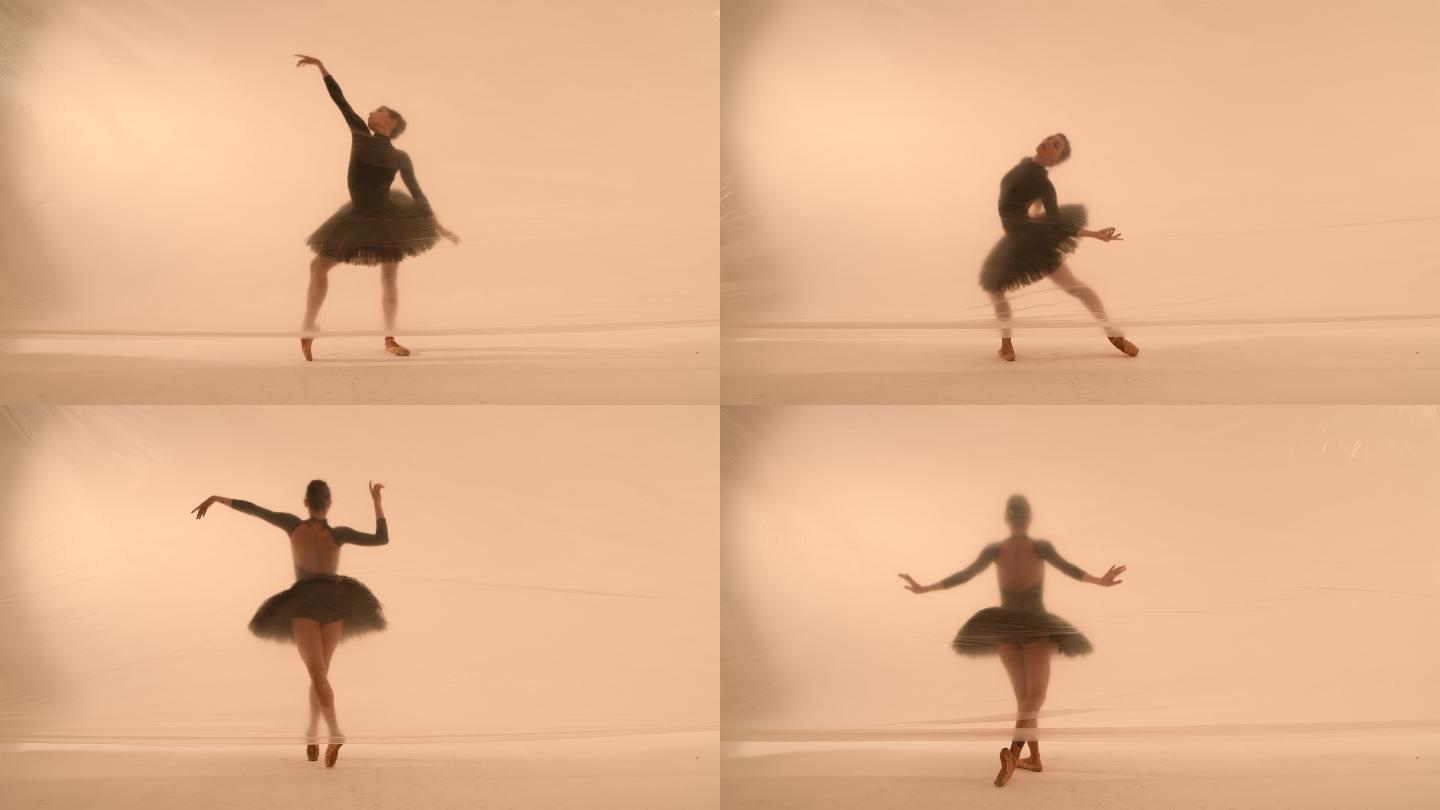 美丽的芭蕾舞演员，在薄薄的尼龙后面跳舞。