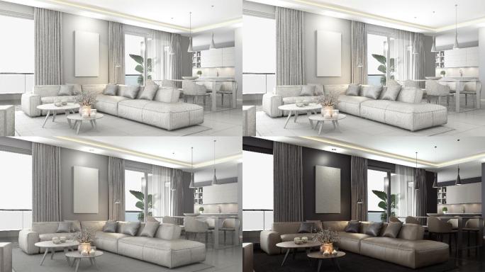 4k现代简约公寓室内设计。客厅，带厨房和餐厅。空白到纹理房间概念。