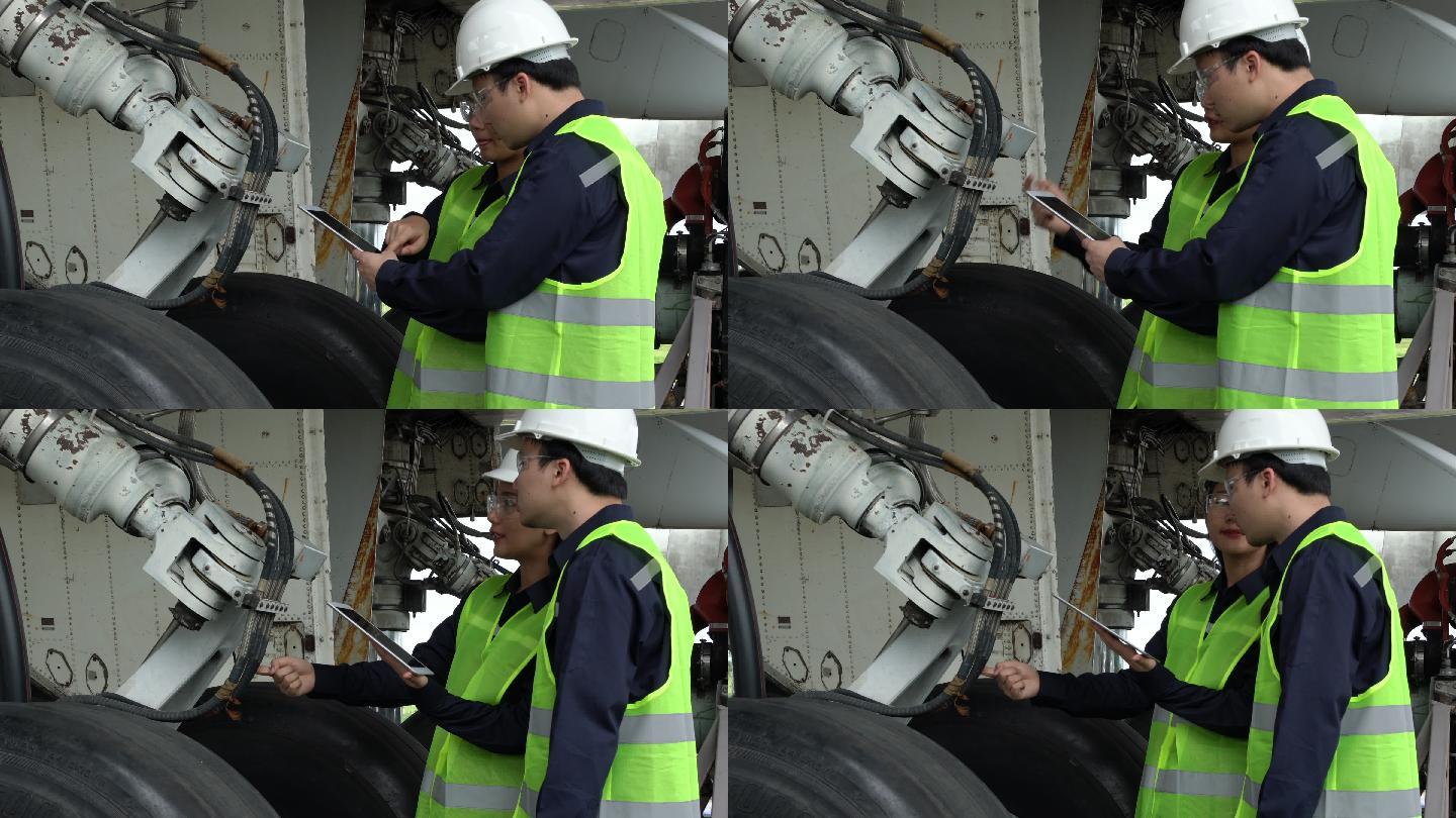 飞机维修机械工程师在机库内分析、检查和操作飞机喷气发动机。