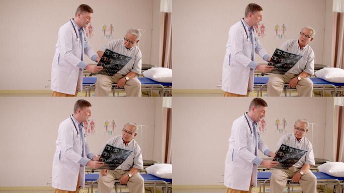 穿着实验室工作服的专业男医生，负责在医院病房内对老年男性患者腹部的x光扫描结果进行讲解。放射学、保健