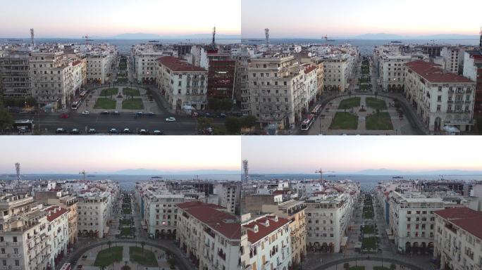 夏季下午塞萨洛尼基亚里士多德广场的空中镜头