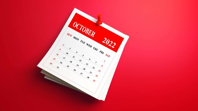 红色背景上的2022年十月日历。循环视频