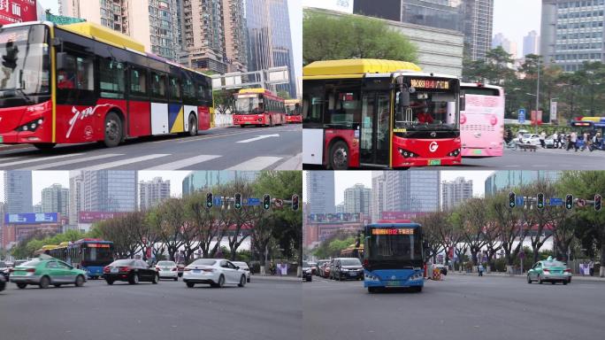 广州公交车行驶在市中心大马路上城市交通