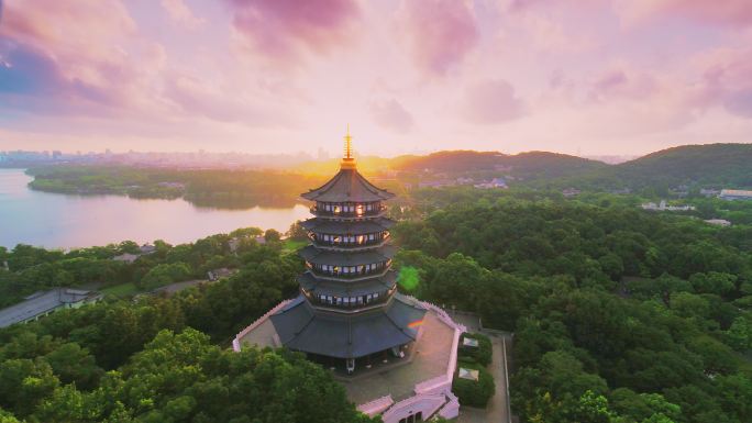 雷锋塔鸟瞰图西湖美景断桥夕阳雷锋宝塔镇河