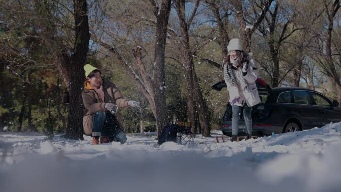 幸福情侣在雪地里玩耍