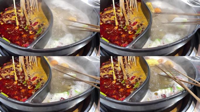 火锅串串放入热锅慢动作