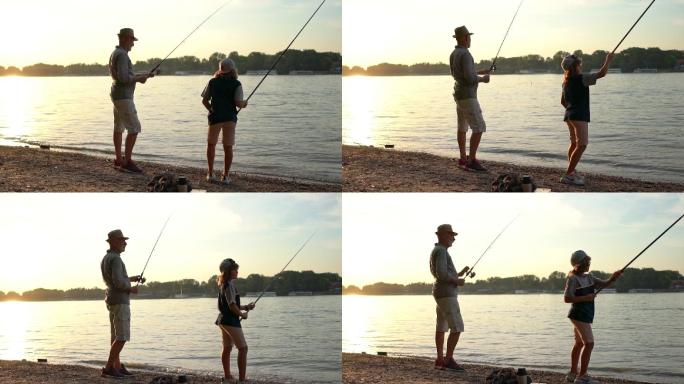 老渔夫和孙子在河上欣赏日落，两人在一天结束时都在钓鱼